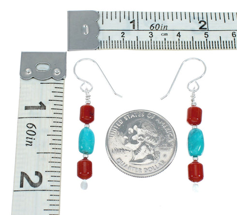 Turquoise And Coral Sterling Silver Bead Hook Dangle Navajo Earrings X10444